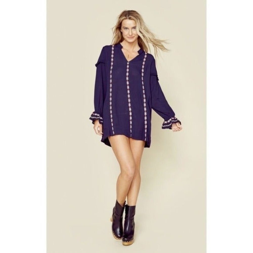 Tularosa X Revolve Arabella Navy Embroidered Elastic Cuffs Tunic Dress XS